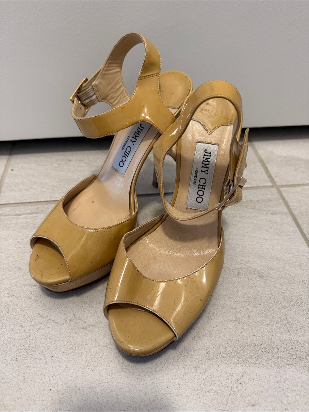 Jimmy Choo Yellow Patent Leather Open-Toe Ankle Strap Heels